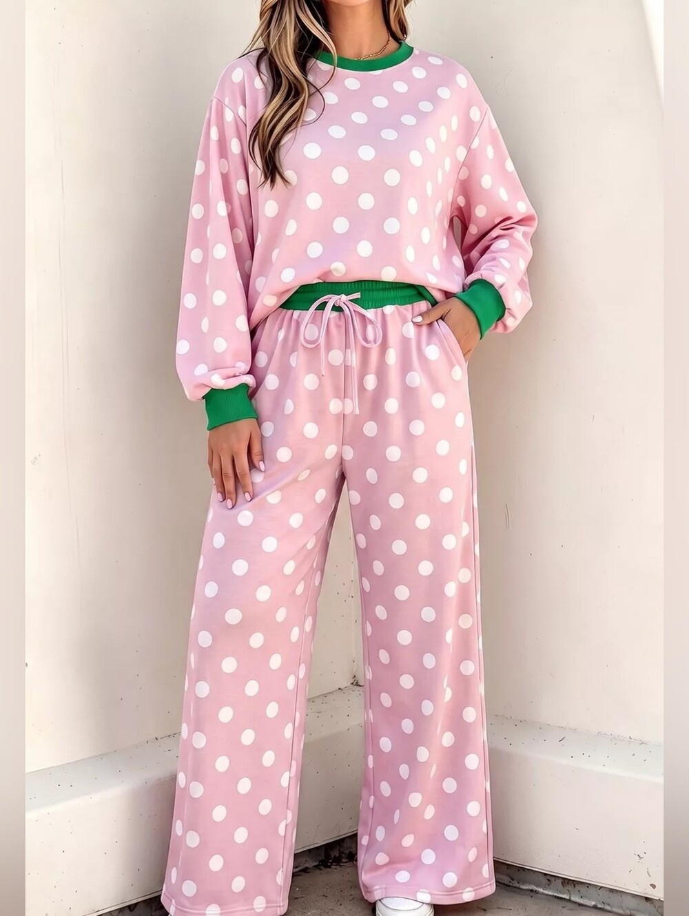 Pink Polka Dot Kids Pajama Set with Green Trim
